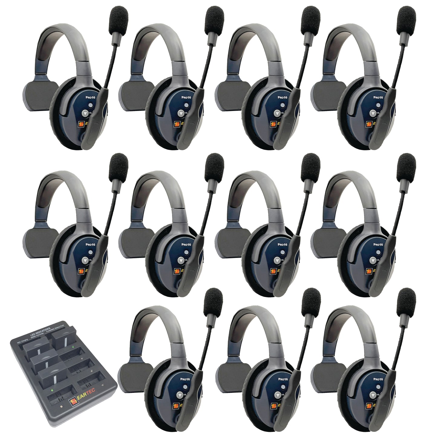 Eartec UltraLITE PRO16 Wireless Intercom System 11 Users ETP11S — eleven sets of single sided wireless communication headsets with microphones on a white background