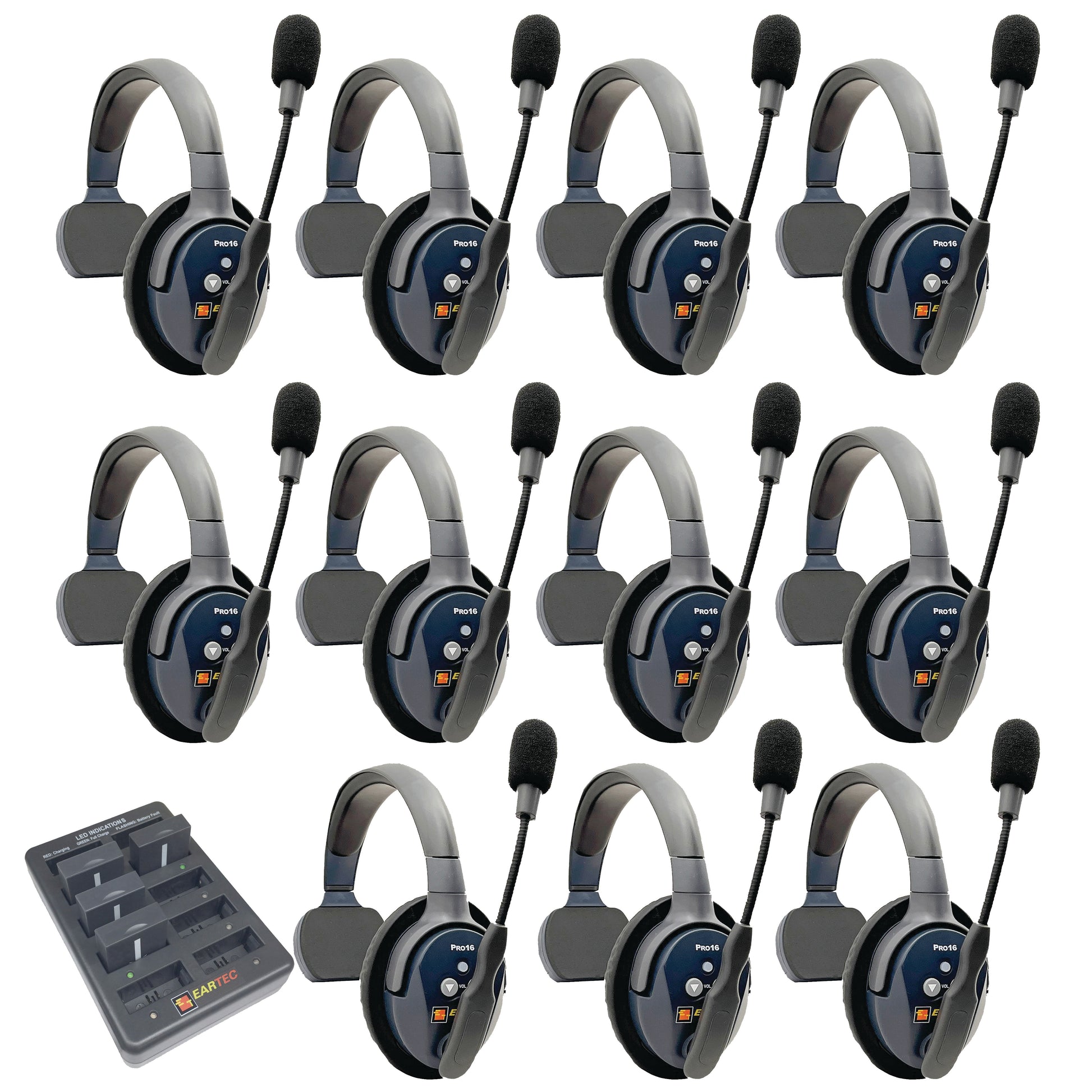 Eartec UltraLITE PRO16 Wireless Intercom System 11 Users ETP11S — eleven sets of single sided wireless communication headsets with microphones on a white background