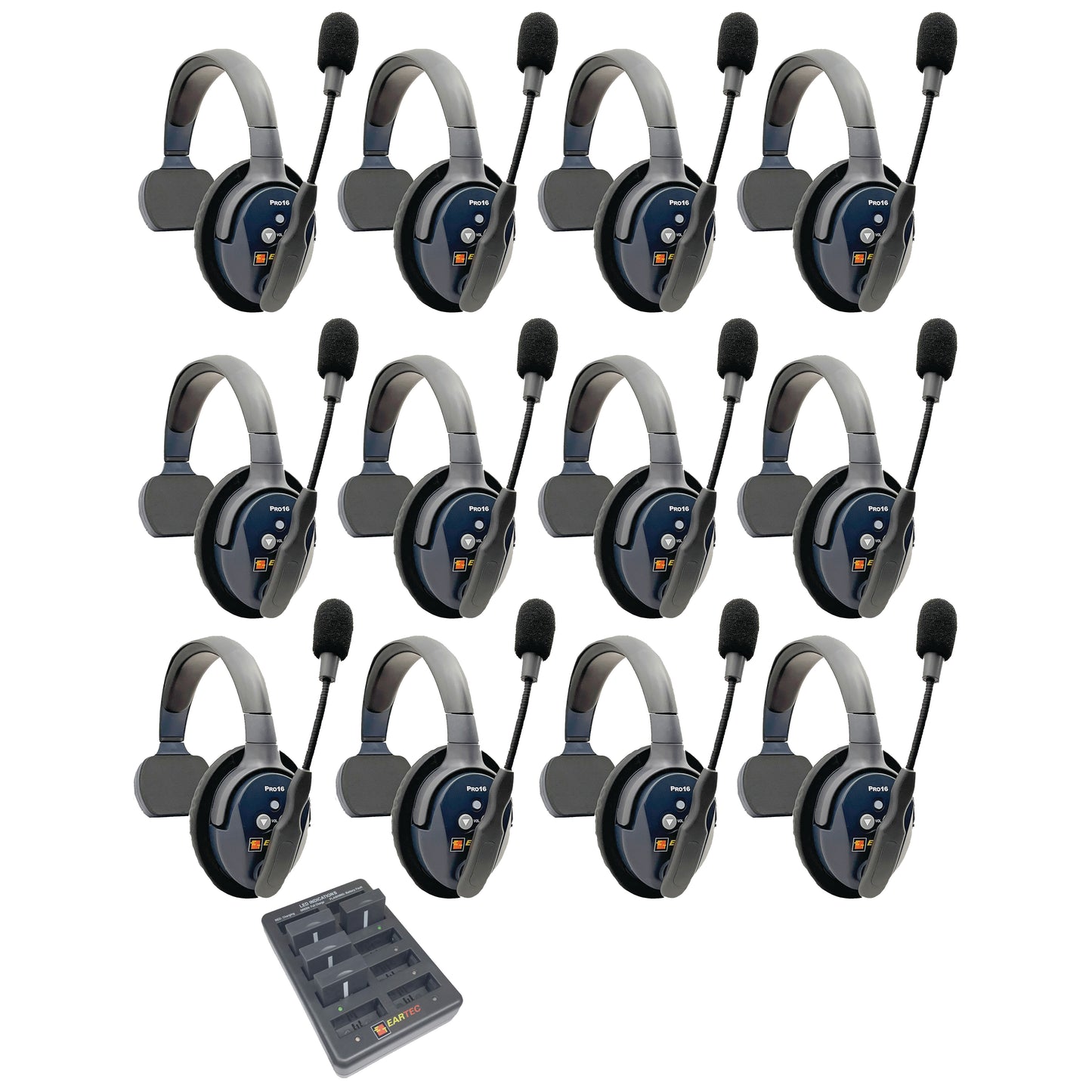 Eartec UltraLITE PRO16 Wireless Intercom System 12 Users ETP12S — twelve sets of sigle sided wireless communication headsets with microphones on a white background