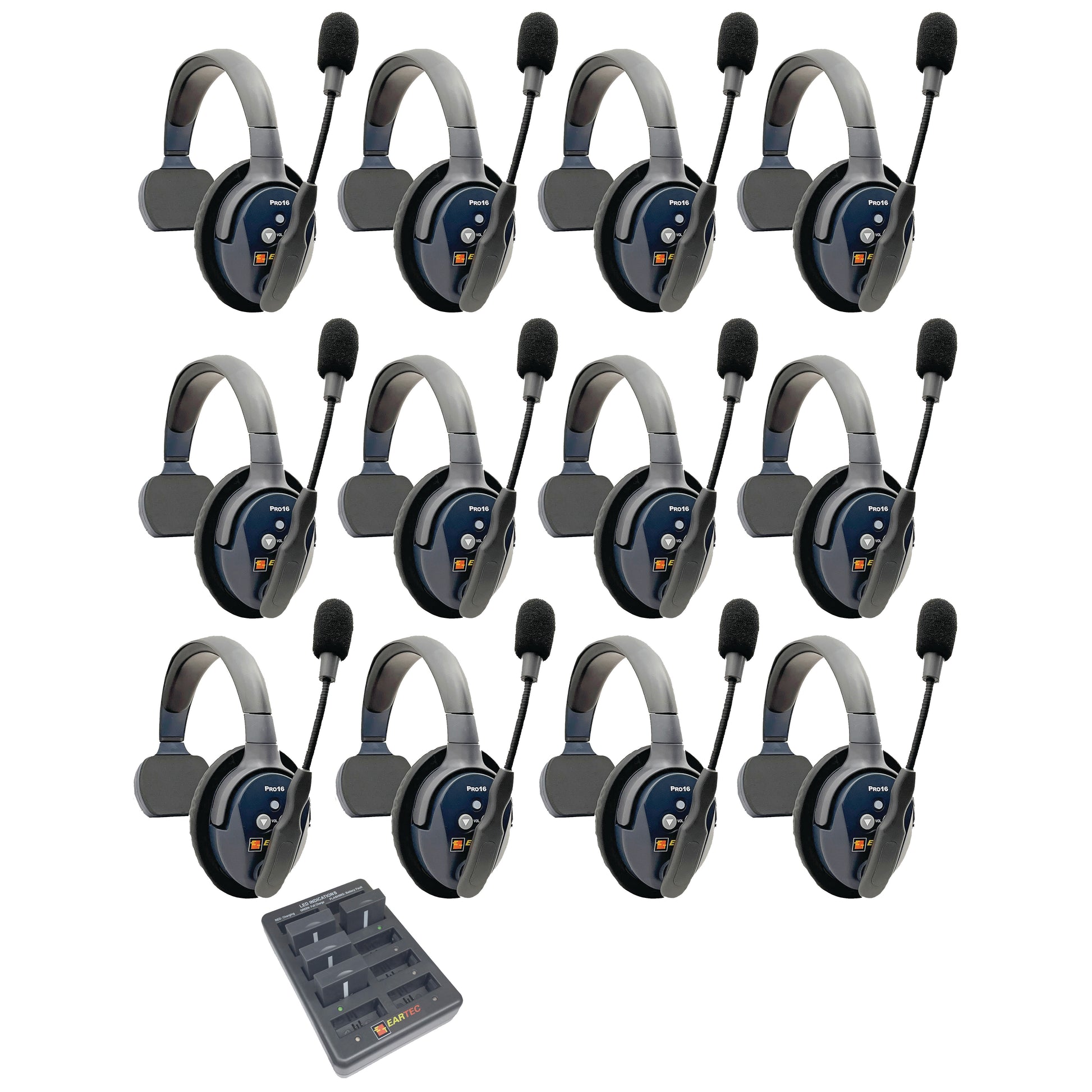 Eartec UltraLITE PRO16 Wireless Intercom System 12 Users ETP12S — twelve sets of sigle sided wireless communication headsets with microphones on a white background
