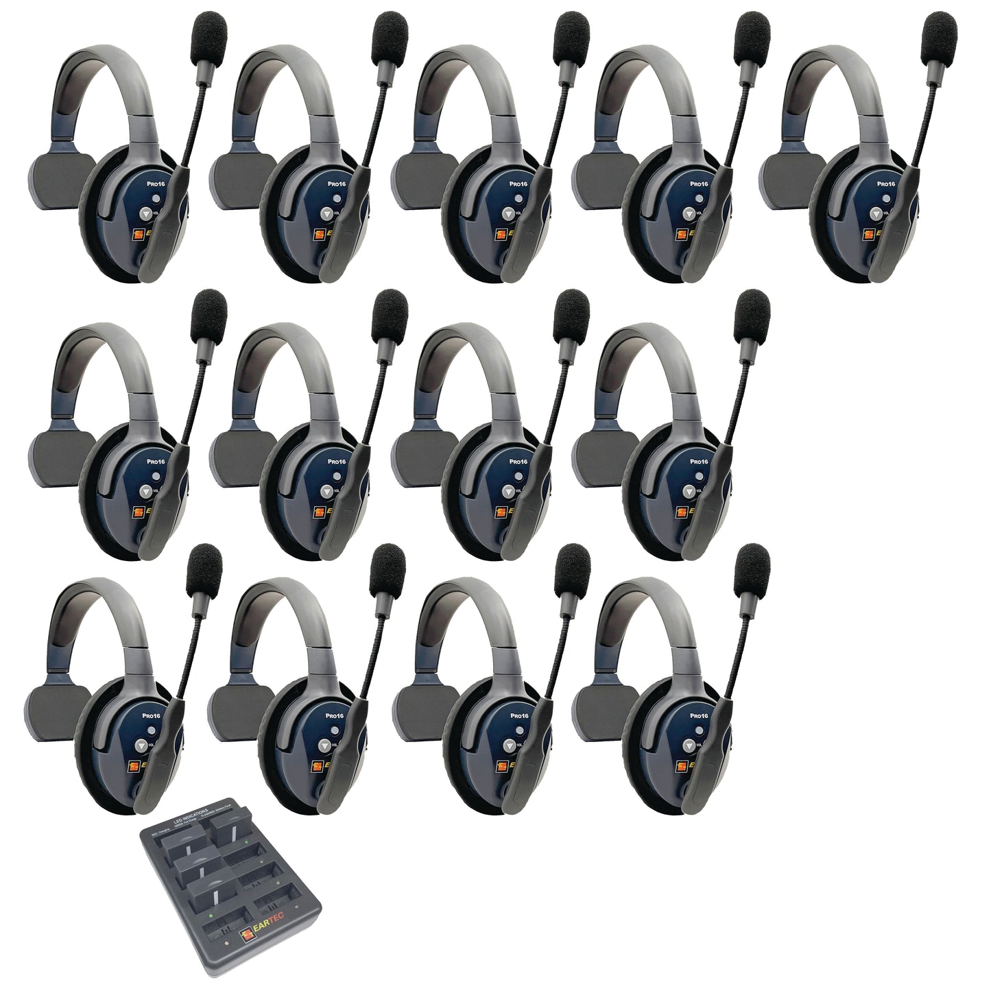 Eartec UltraLITE PRO16 Wireless Intercom System 13 Users ETP13S — thirteen single sided wireless communication headsets with a charger on a white background