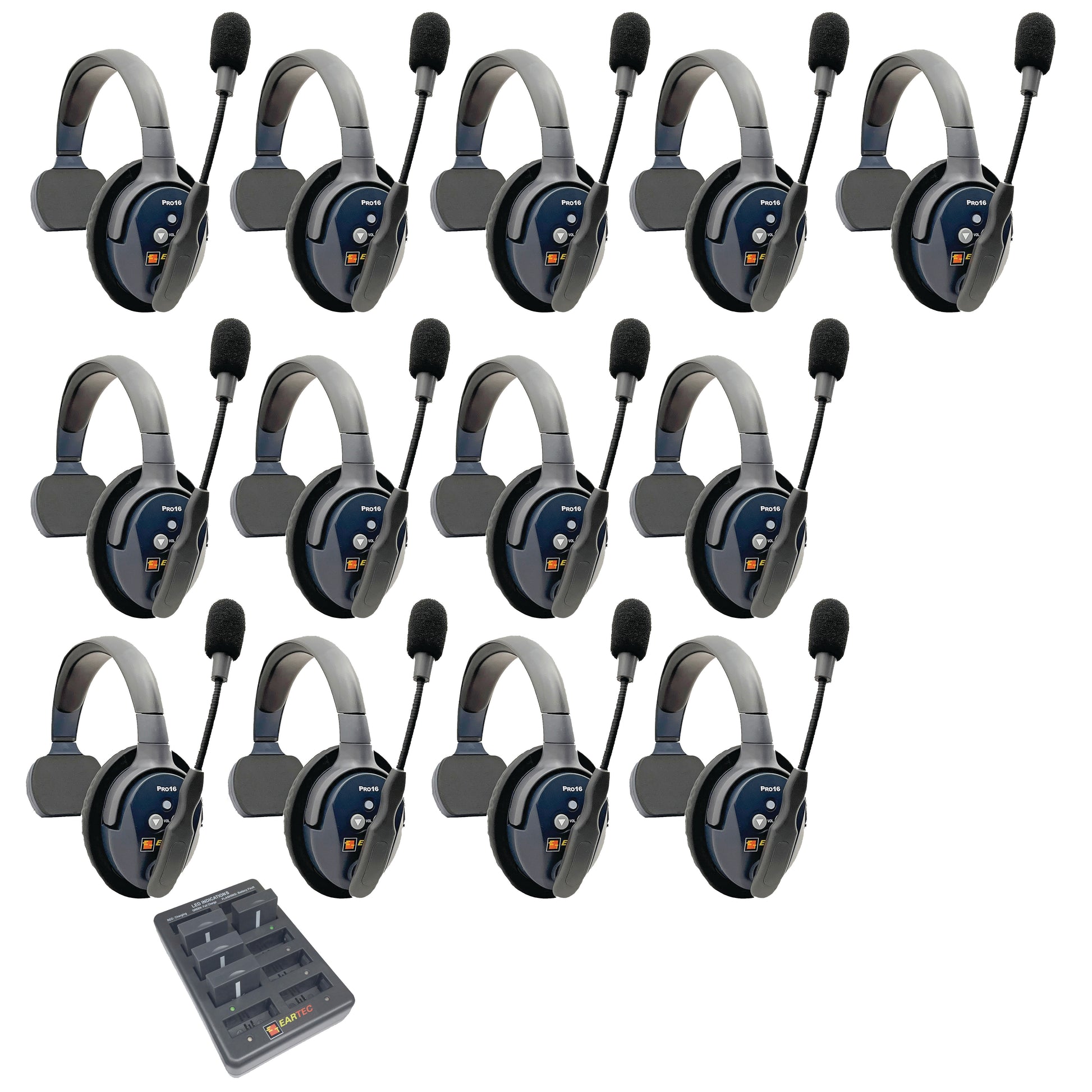 Eartec UltraLITE PRO16 Wireless Intercom System 13 Users ETP13S — thirteen single sided wireless communication headsets with a charger on a white background