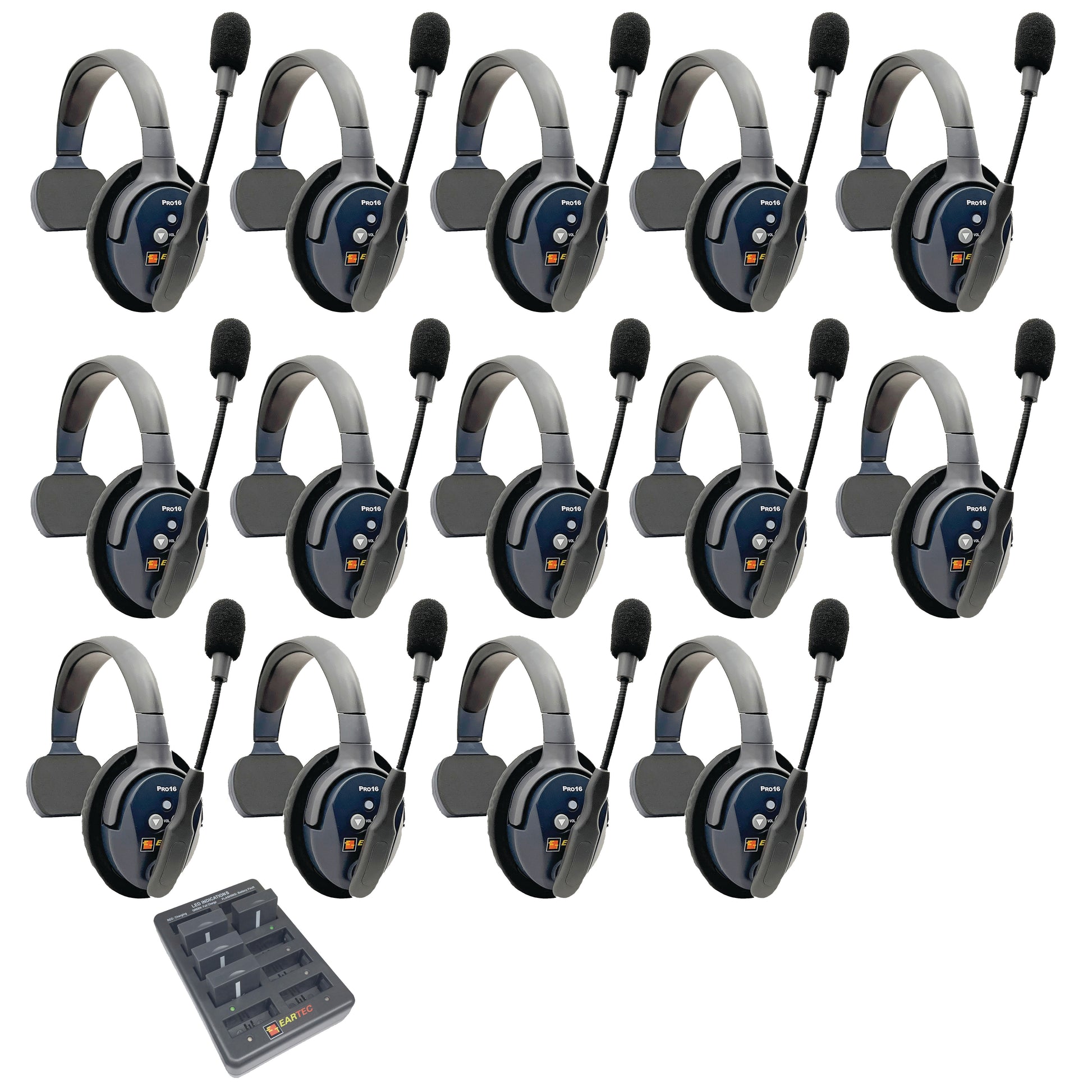 Eartec UltraLITE PRO16 Wireless Intercom System 14 Users ETP14S — fourteen wireless communication headsets single sided with microphones arranged in a grid on a white background