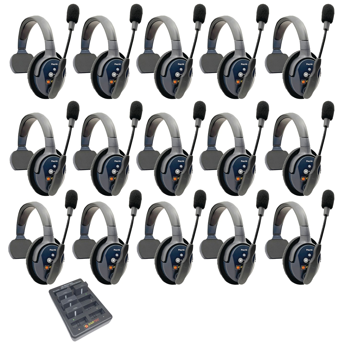 Eartec UltraLITE PRO16 Wireless Intercom System 15 Users ETP15S — fifteen sets of wireless headphones with microphones on a white background