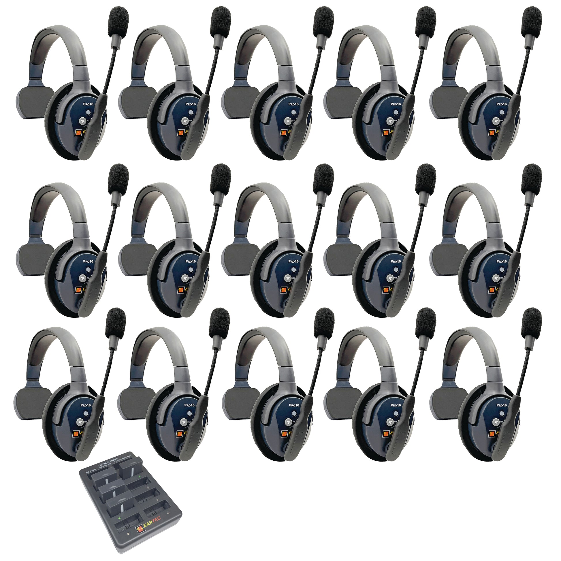 Eartec UltraLITE PRO16 Wireless Intercom System 15 Users ETP15S — fifteen sets of wireless headphones with microphones on a white background