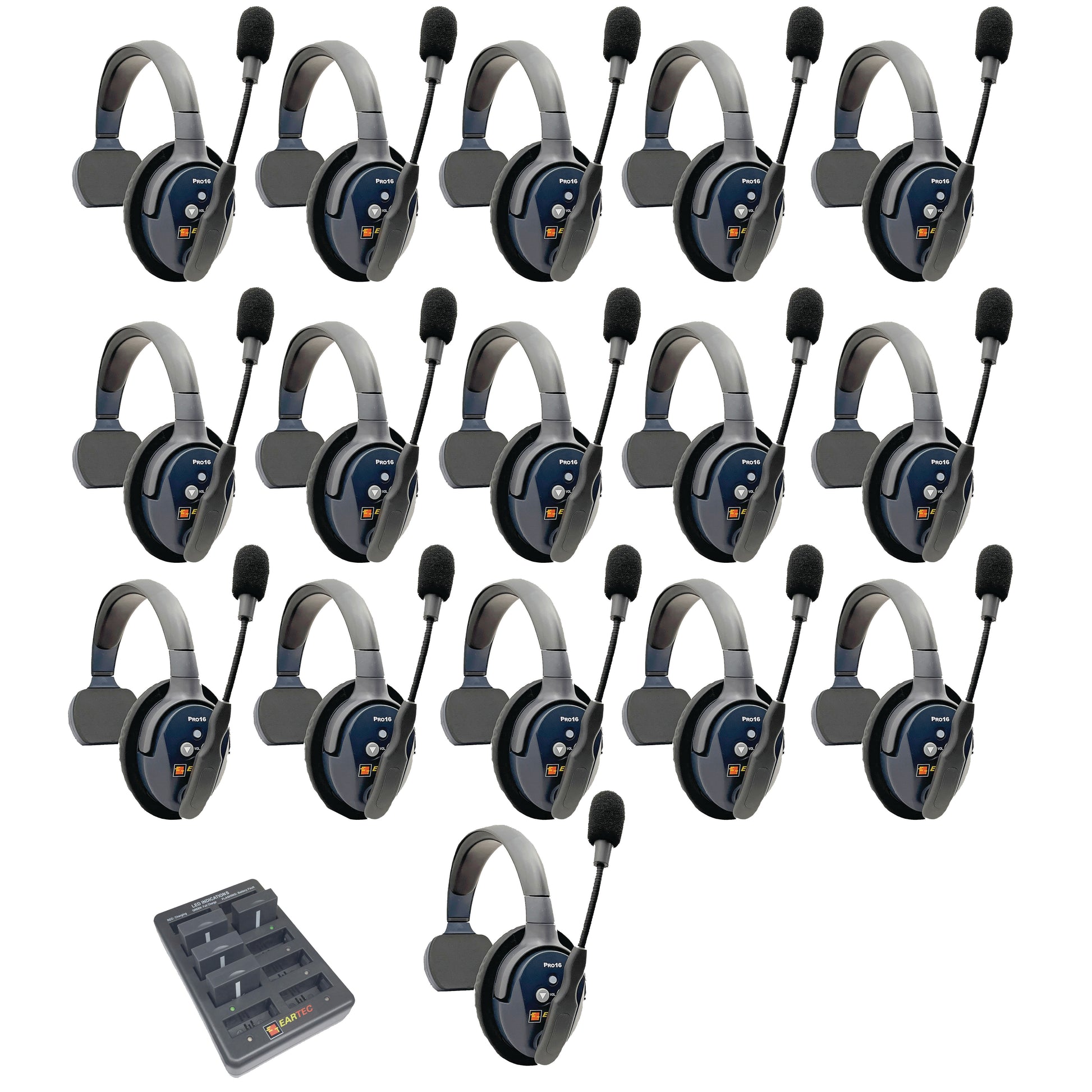 Eartec UltraLITE PRO16 Wireless Intercom System 16 Users ETP16S — sixteen sets of wireless headphones with microphones on a white background
