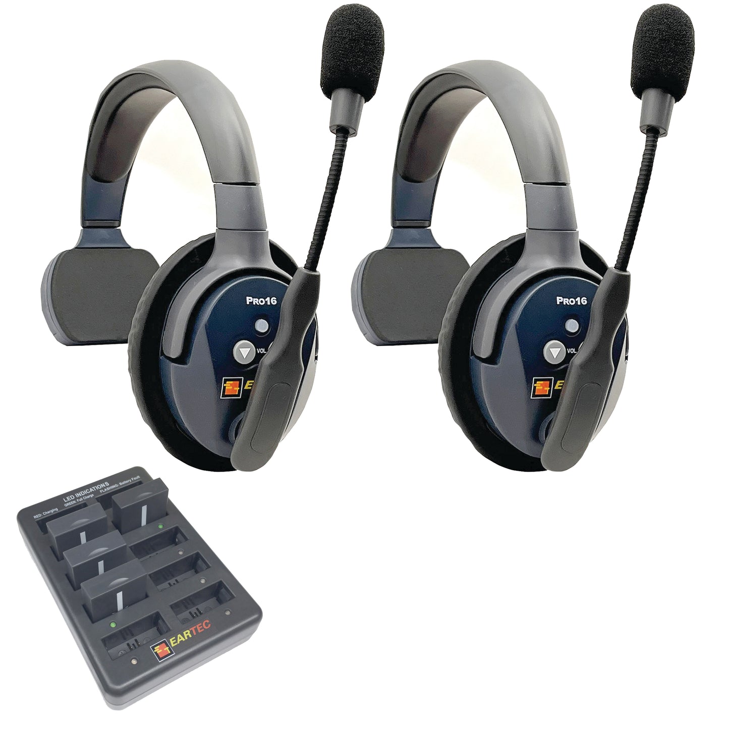 Eartec UltraLITE PRO16 Wireless Intercom System 2 Users ETP2S — Eartec two sets of single sided wireless headsets with a charging case on a white background