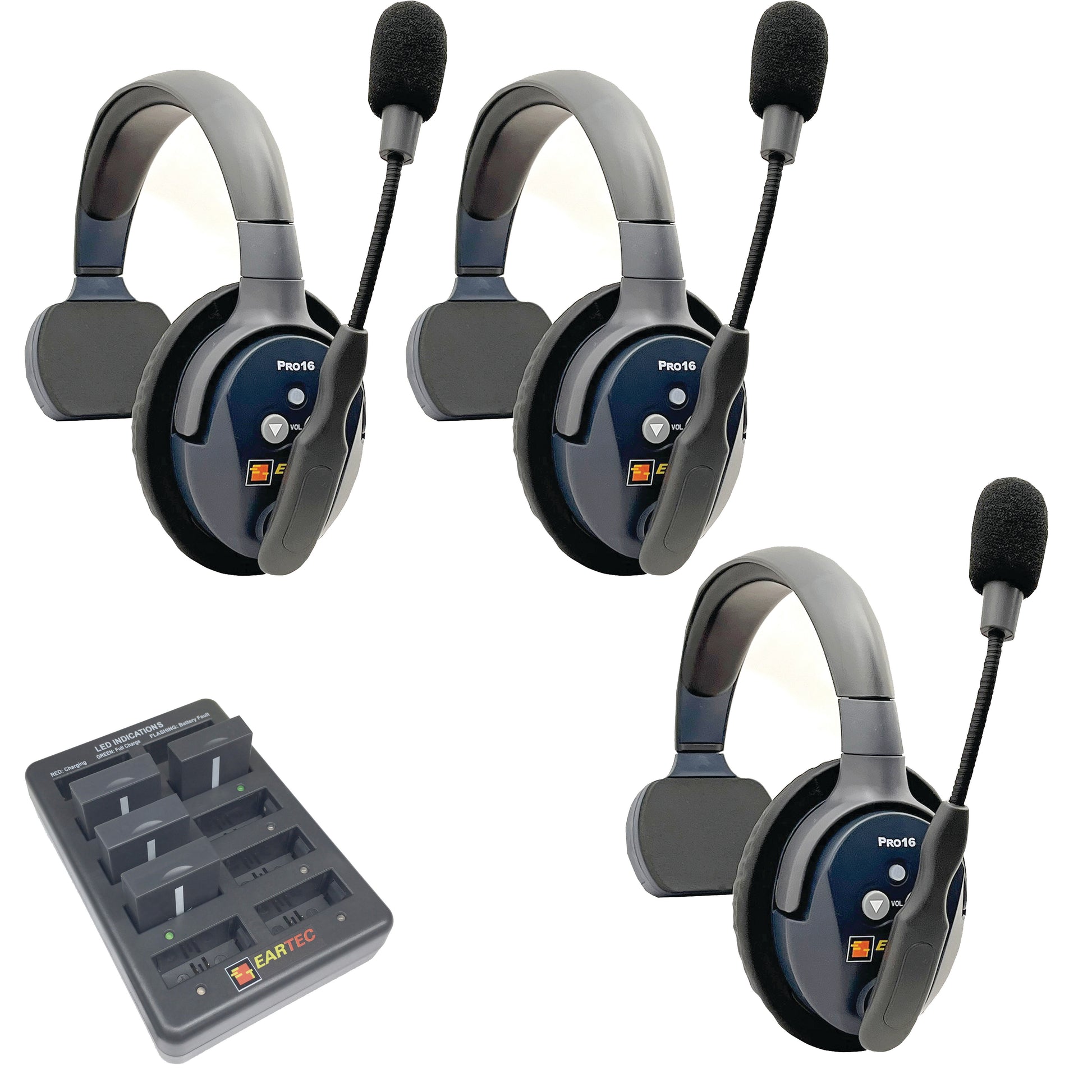 Eartec UltraLITE PRO16 Wireless Intercom System 3 Users ETP3S — three sets of single sided wireless communication headsets with a charging case on a white background