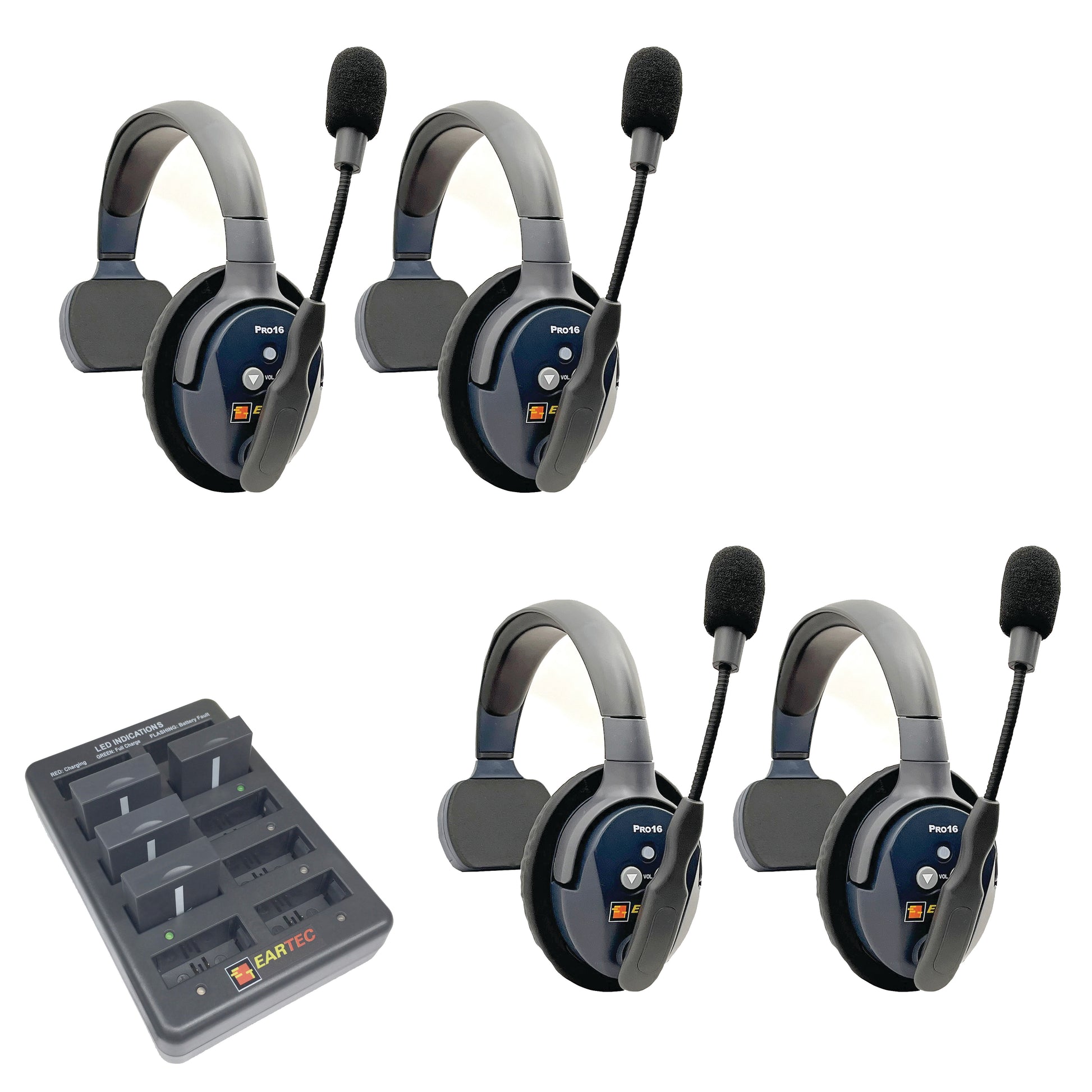 Eartec UltraLITE PRO16 Wireless Intercom System 4 Users ETP4S — four sets of single sided wireless headsets with a charging case on a white background