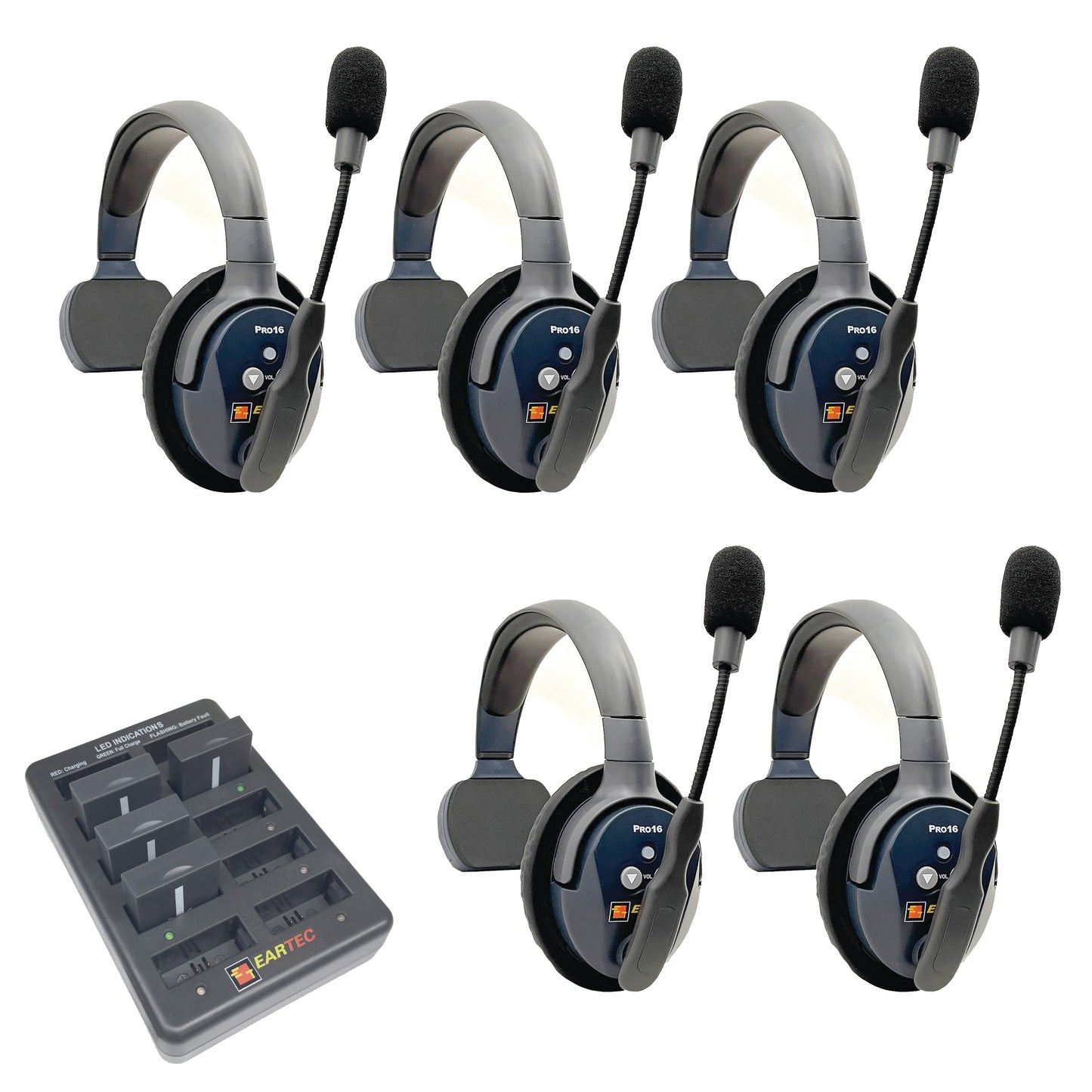 Eartec UltraLITE PRO16 Wireless Intercom System 5 Users ETP5S — five sets of single sided wireless communication headsets with a charging case on a white background