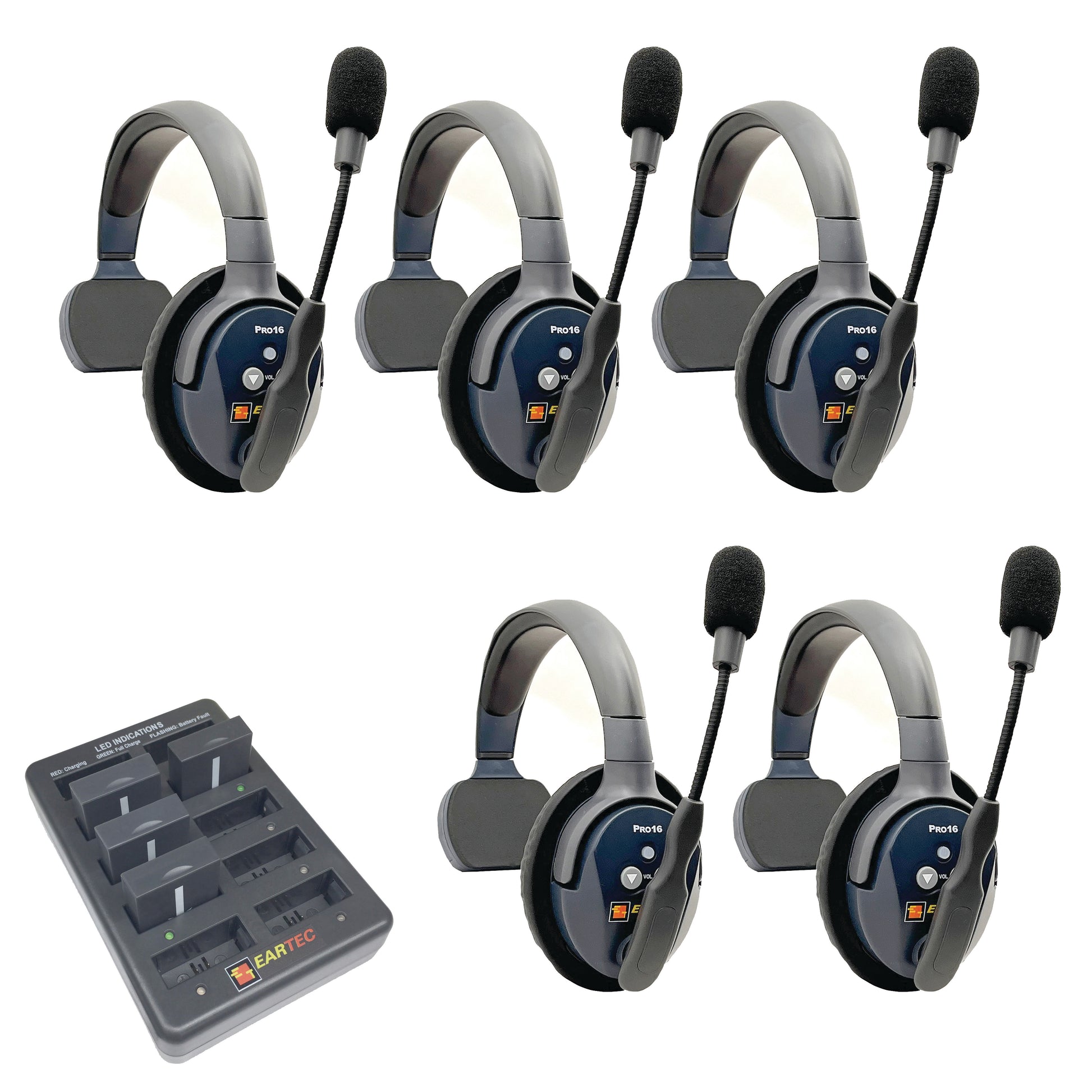 Eartec UltraLITE PRO16 Wireless Intercom System 5 Users ETP5S — five sets of single sided wireless communication headsets with a charging case on a white background