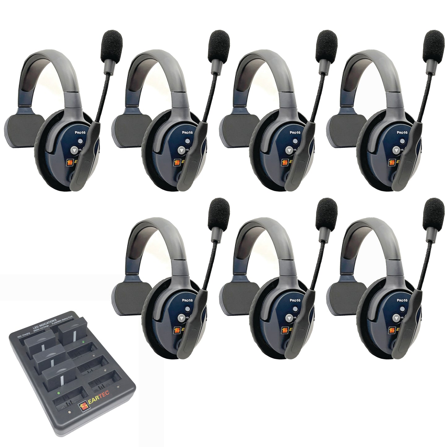 Eartec UltraLITE PRO16 Wireless Intercom System 7 Users ETP7S — seven sets of sigle sided wireless communication headsets with microphones on a white background