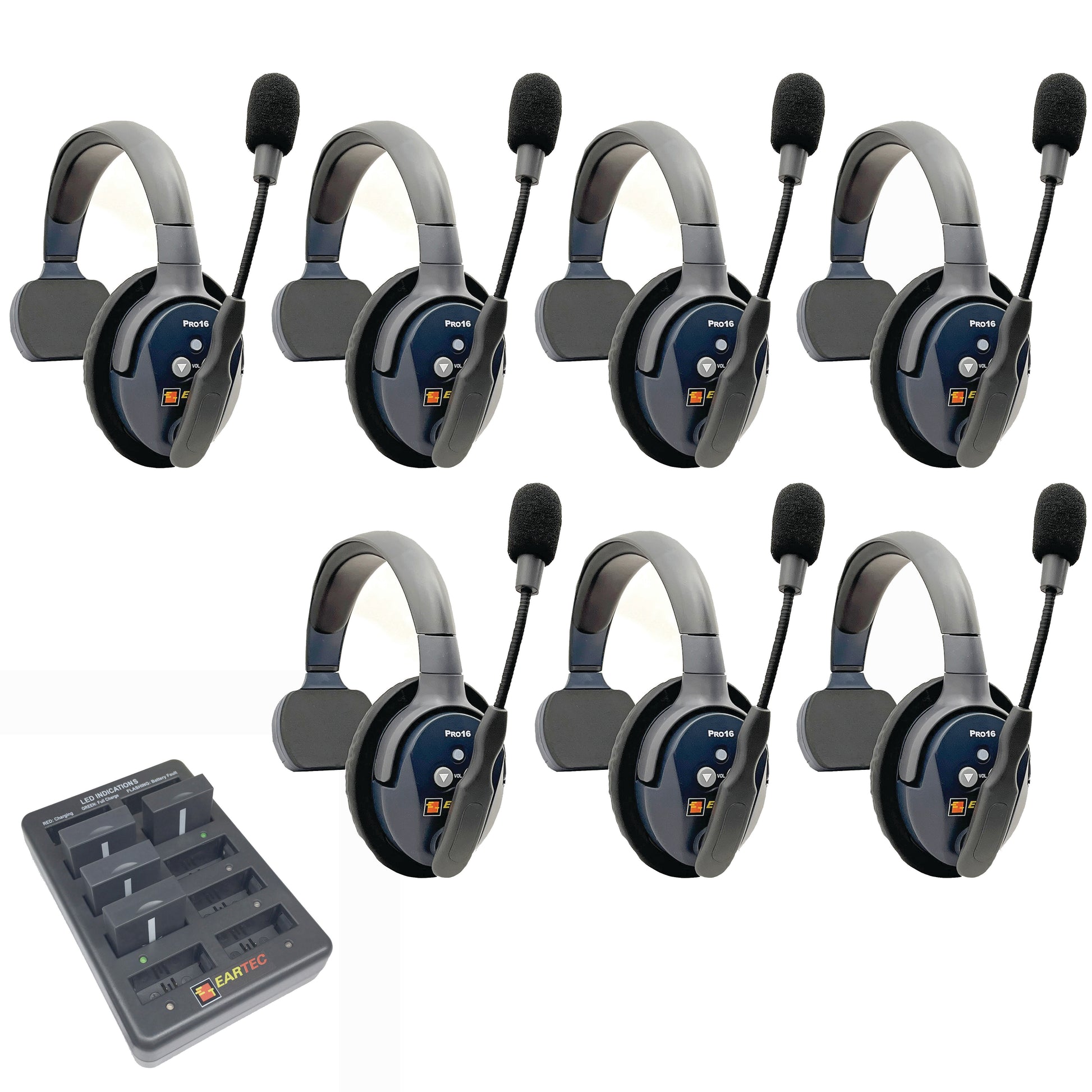 Eartec UltraLITE PRO16 Wireless Intercom System 7 Users ETP7S — seven sets of sigle sided wireless communication headsets with microphones on a white background