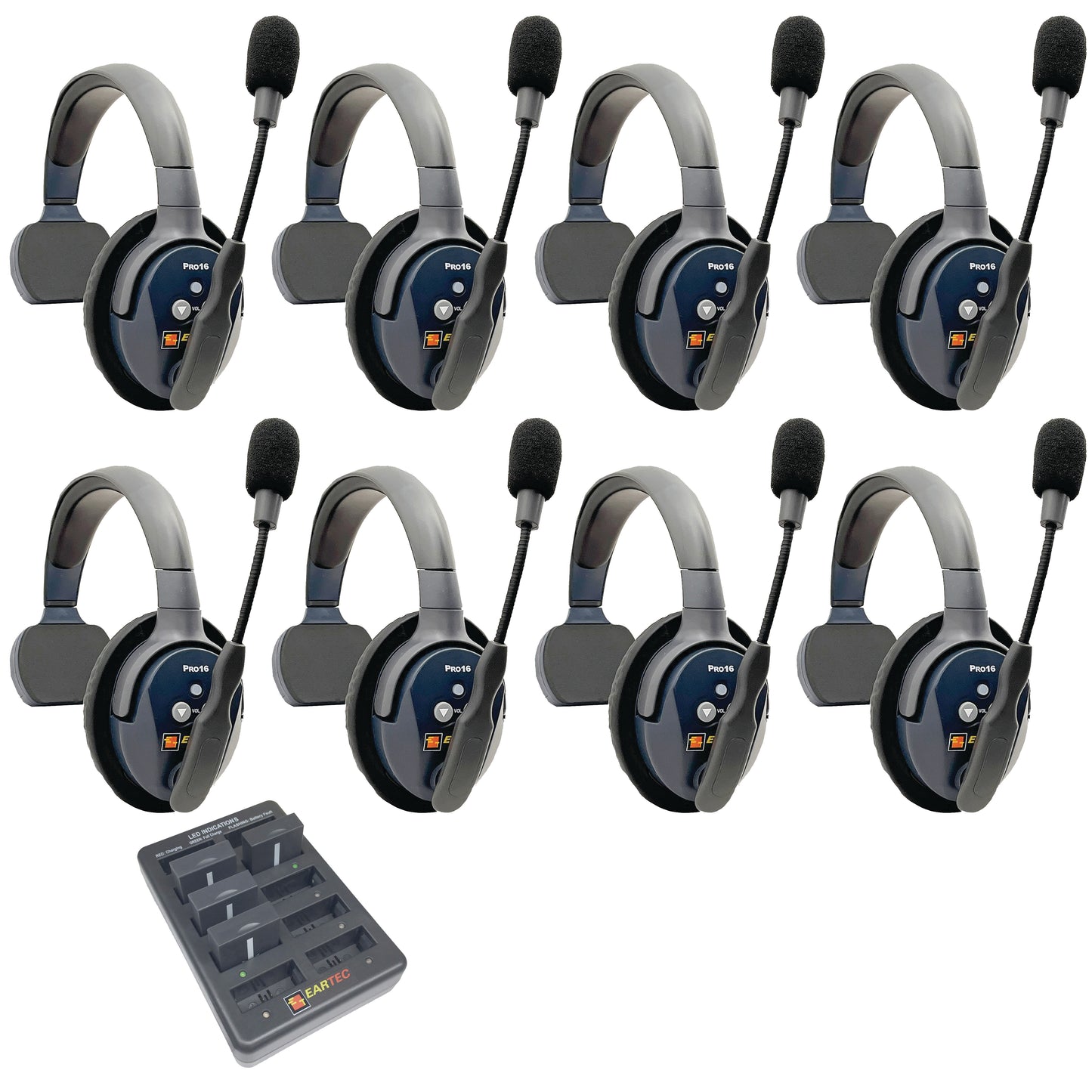 Eartec UltraLITE PRO16 Wireless Intercom System 8 Users ETP8S — eight sets of single sided wireless communication headsets with microphones on a white background