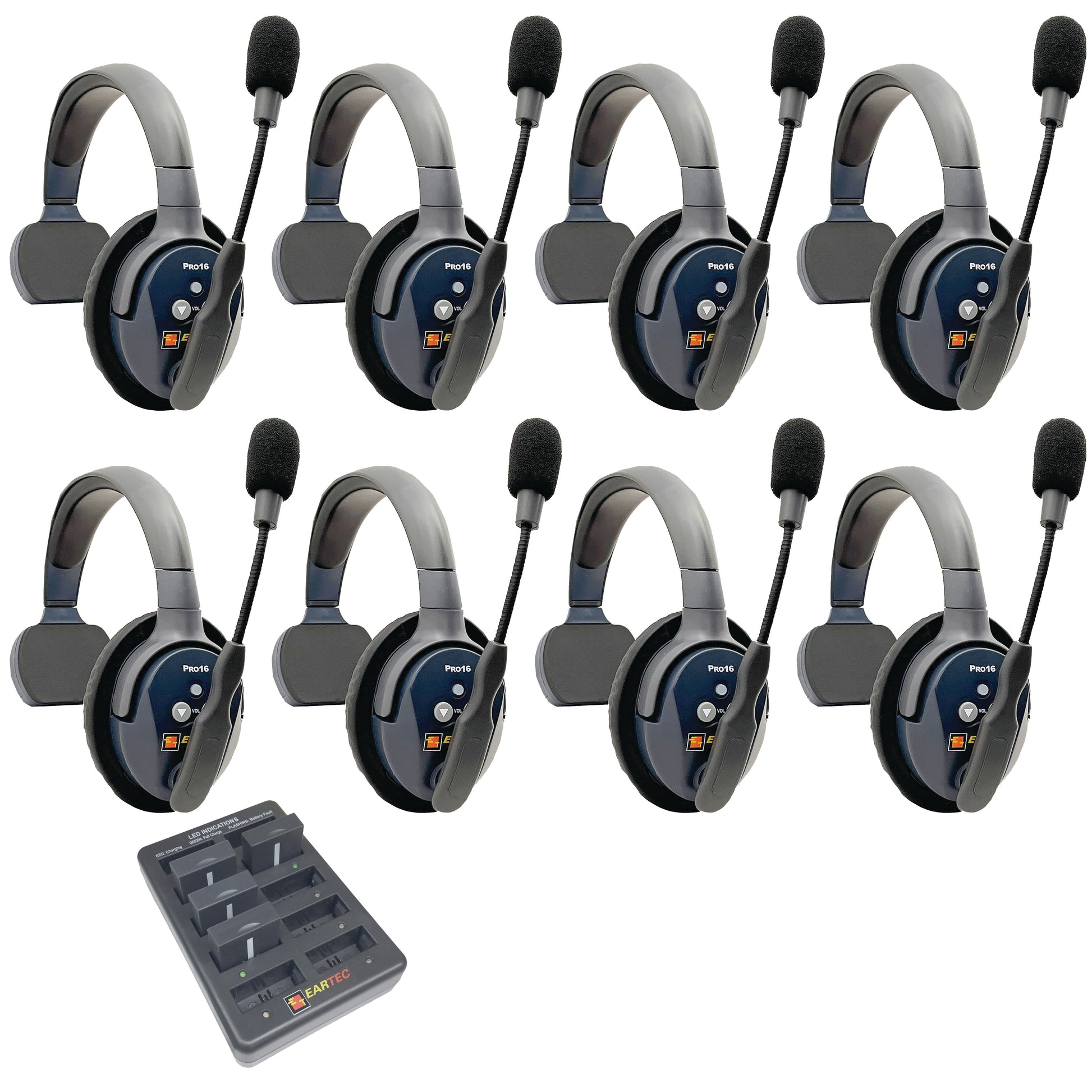 Eartec UltraLITE PRO16 Wireless Intercom System 8 Users ETP8S — eight sets of single sided wireless communication headsets with microphones on a white background
