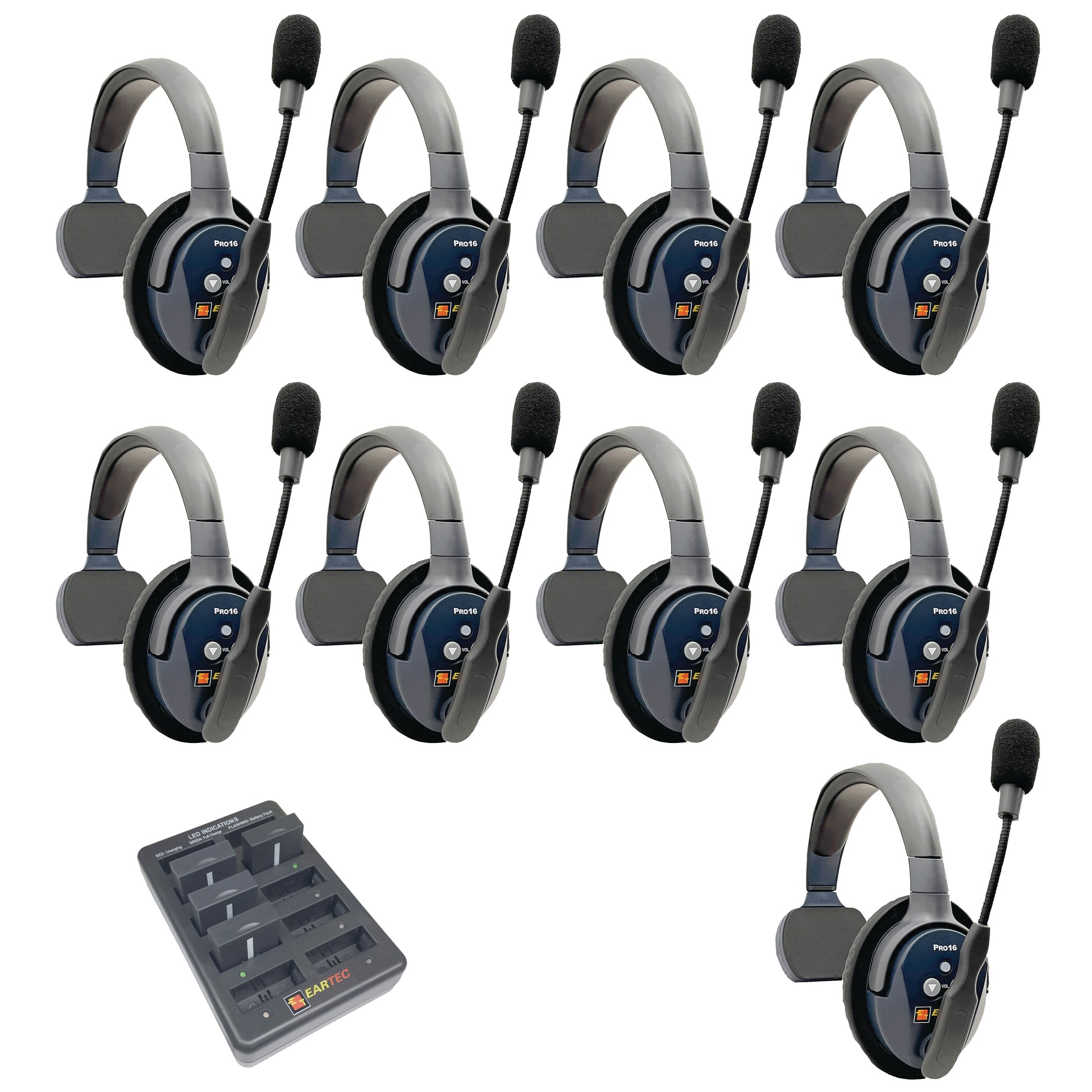 Eartec UltraLITE PRO16 Wireless Intercom System 9 Users ETP9S — nine sets of single sided wireless headsets with a charging case on a white background