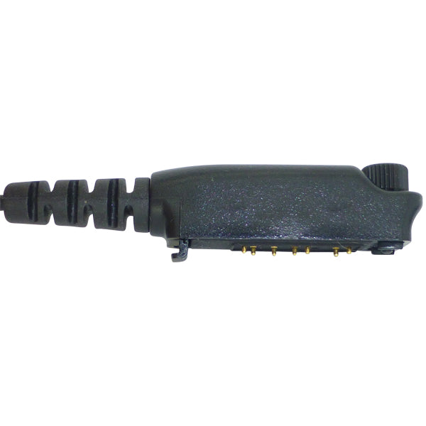 Black molded Sepura radio connector (SP3) with securing screw and right angled cable exit on a white background