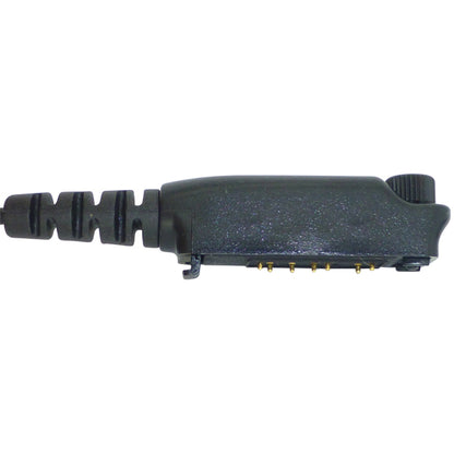 Black molded Sepura radio connector (SP3) with securing screw and right angled cable exit on a white background