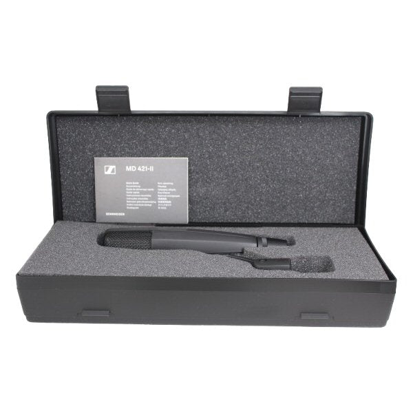 Sennheiser MD 421-II Dynamic Cardioid Microphone — Sennheiser MD 421-II microphone in a black carrying case on a white background