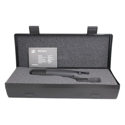 Sennheiser MD 421-II Dynamic Cardioid Microphone — Sennheiser MD 421-II microphone in a black carrying case on a white background
