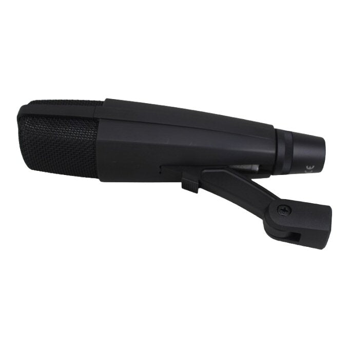 Sennheiser MD 421-II Dynamic Cardioid Microphone — black Sennheiser MD421 microphone on a proprietary mic stand adapter on a white background