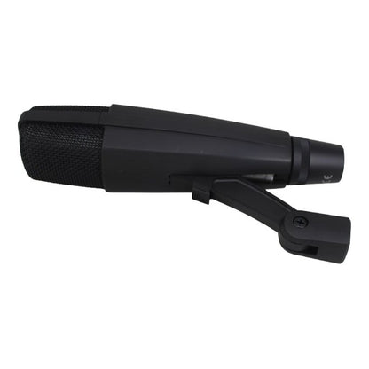 Sennheiser MD 421-II Dynamic Cardioid Microphone — black Sennheiser MD421 microphone on a proprietary mic stand adapter on a white background