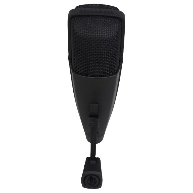 Sennheiser MD 421-II Dynamic Cardioid Microphone SKU 1000984 — black Sennheiser MD421 microphone mounted on a proprietary mic stand adapter on a white background