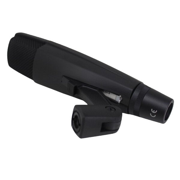 Sennheiser MD 421-II Dynamic Cardioid Microphone — black Sennheiser MD421 microphone on a proprietary mic stand adapter on a white background