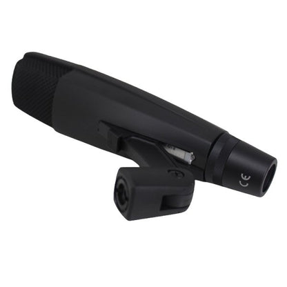 Sennheiser MD 421-II Dynamic Cardioid Microphone — black Sennheiser MD421 microphone on a proprietary mic stand adapter on a white background