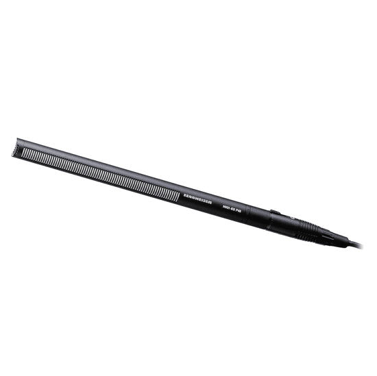 Sennheiser MKH 416-P48U3 Short Shotgun RF Condenser Microphone SKU 001511 — Sennheiser black MKH 416 microphone with XLR cable plugged in shown against a white background