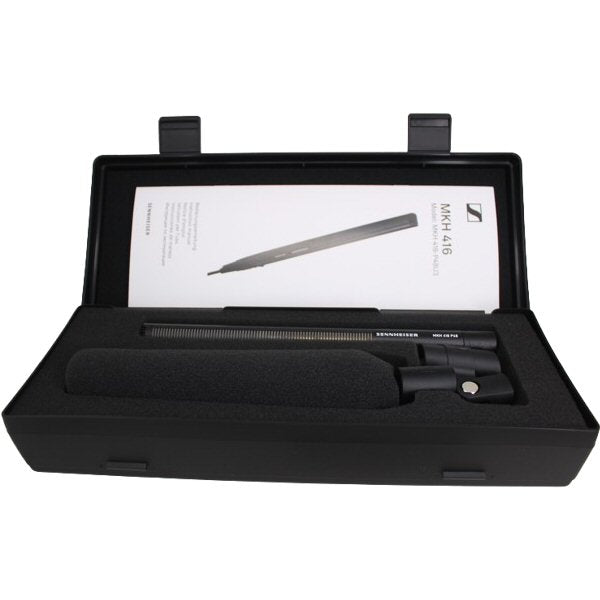 Sennheiser MKH 416-P48U3 Short Shotgun RF Condenser Microphone — Sennheiser MKH 416 microphone and accessories in a black plastic case shown against a white background