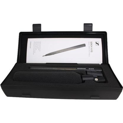 Sennheiser MKH 416-P48U3 Short Shotgun RF Condenser Microphone — Sennheiser MKH 416 microphone and accessories in a black plastic case shown against a white background