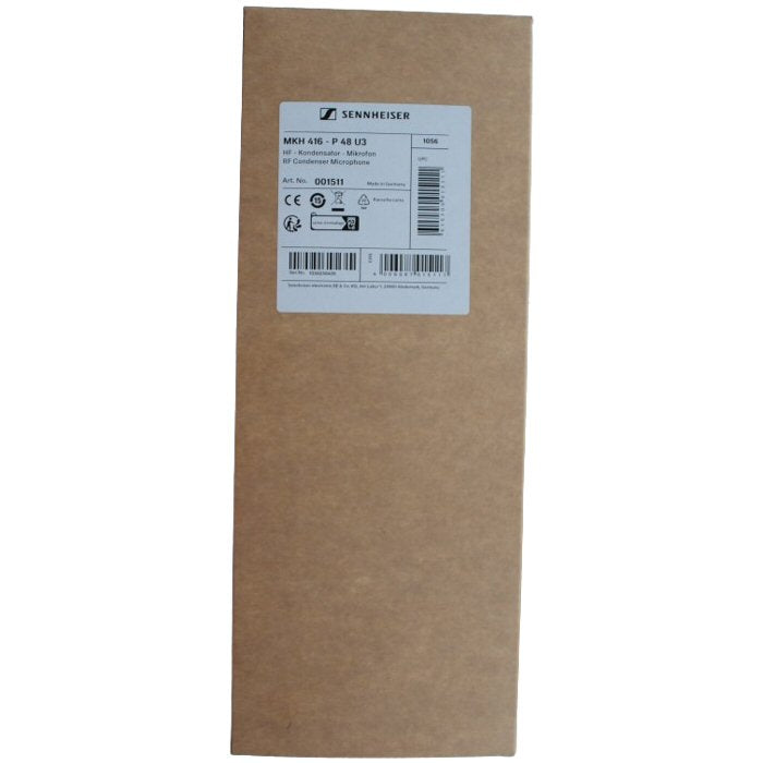 Sennheiser MKH 416-P48U3 Short Shotgun RF Condenser Microphone — brown cardboard box with Sennheiser label 001511 MKH 416 P48 U3 on a white background