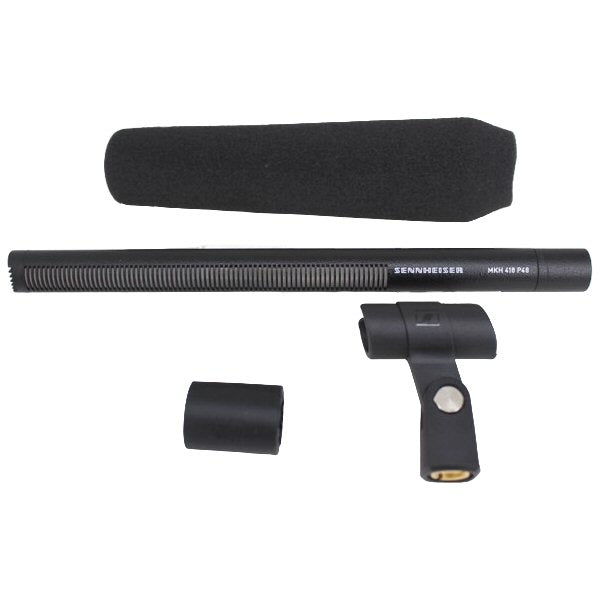 Sennheiser MKH 416-P48U3 Short Shotgun RF Condenser Microphone — Sennheiser black MKH416 microphone with foam cover clip and windscreen on a white background