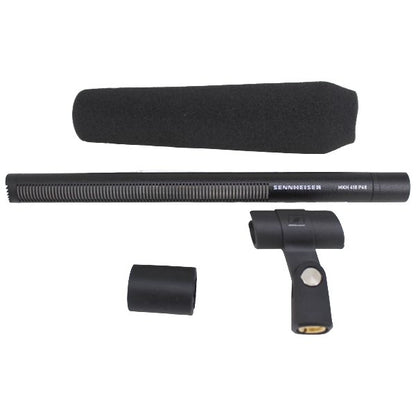 Sennheiser MKH 416-P48U3 Short Shotgun RF Condenser Microphone — Sennheiser black MKH416 microphone with foam cover clip and windscreen on a white background