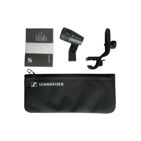 Sennheiser e 604 Dynamic Cardioid Instrument Microphone — Sennheiser black microphone with stand and zip pouch on a white background