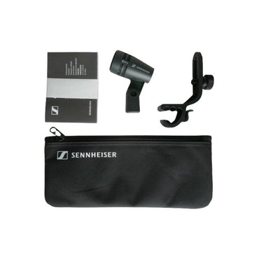 Sennheiser e 604 Dynamic Cardioid Instrument Microphone — Sennheiser black microphone with stand and zip pouch on a white background