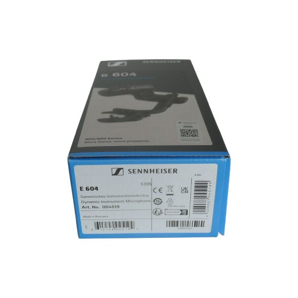 Sennheiser e 604 Dynamic Cardioid Instrument Microphone — Sennheiser retail packaging with barcodes for product 004519 microphone e604 on a white background