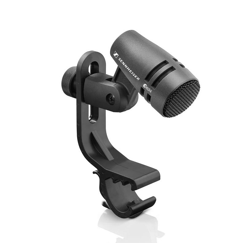 Sennheiser e 604 Dynamic Cardioid Instrument Microphone SKU 004519 — Sennheiser e904 black microphone mounted on an instrument clamp and shown against a white background