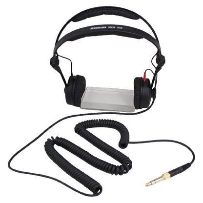 Sennheiser HD 25 Plus Professional On-Ear Monitoring Headphones — Sennheiser HD 25 professional headphones with coiled black cable on a white background