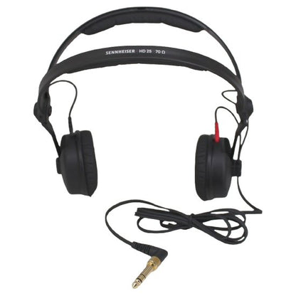 Sennheiser HD 25 Professional On-Ear Monitoring Headphones SKU 506909 — Sennheiser HD 25 headphones with split headband opened and straight cable on a white background