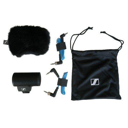 Sennheiser MKE 200 On-Camera Microphone — Sennheiser MKE200 microphone with accessories including windscreen connection cables and carrying bag on a white background
