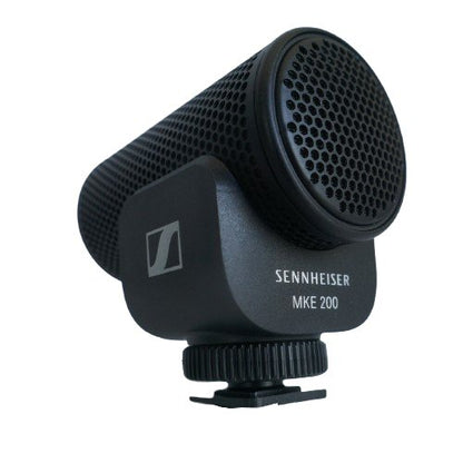 Sennheiser MKE 200 On-Camera Microphone SKU 508897 — Sennheiser MKE 200 microphone with DSLR hot shoe mount on a white background