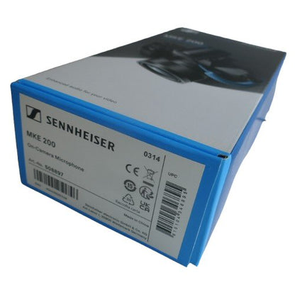 Sennheiser MKE 200 On-Camera Microphone — Sennheiser MKE 200 on-camera microphone packaging box with blue corner on a white background