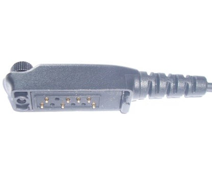 Black molded Sepura radio connector (SP3) with securing screw and right angled cable exit on a white background