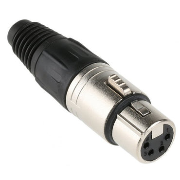 XLR four female microphone connector with black cable gland and nickel bdy on a white background