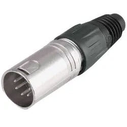 Male xlr five male nickel connector with black cable gland on a white background